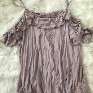 Mauve and white stripe ruffle tank top
